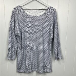 T by Talbots Womens Top XL Blue White Geometric Design 3/4 Sleeves XX Straps EUC